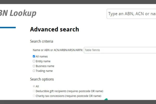 Computer screen showing the official website used to Search Business ABN with business details displayed.