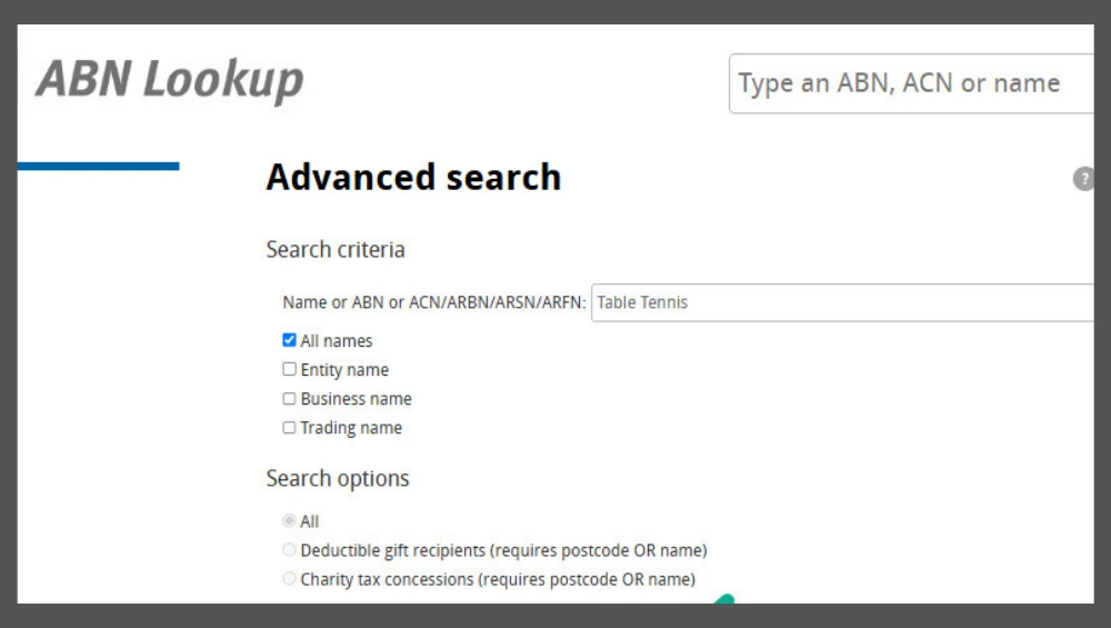 Computer screen showing the official website used to Search Business ABN with business details displayed.