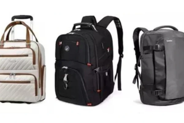 Front and side view of the Tomtoc Travel Backpack 40L, showing its sleek design, durable exterior, and multiple compartments ideal for carry-on travel.