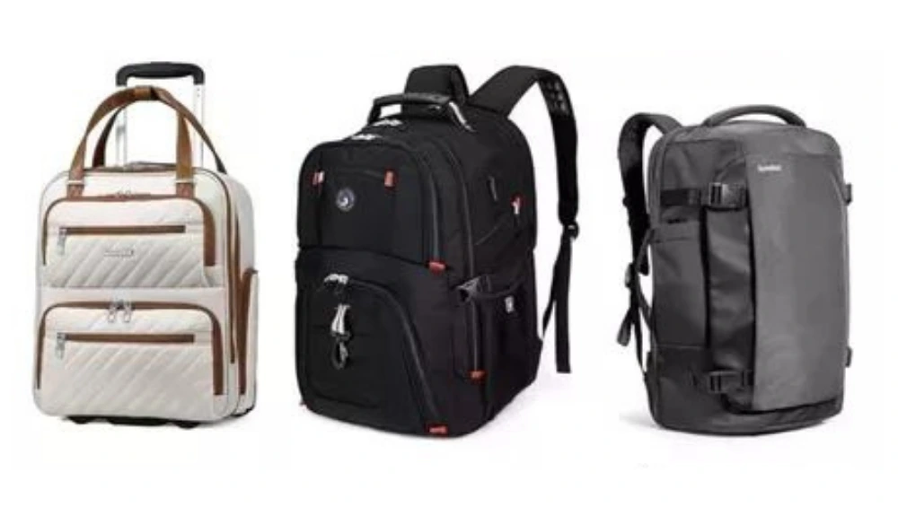 Front and side view of the Tomtoc Travel Backpack 40L, showing its sleek design, durable exterior, and multiple compartments ideal for carry-on travel.