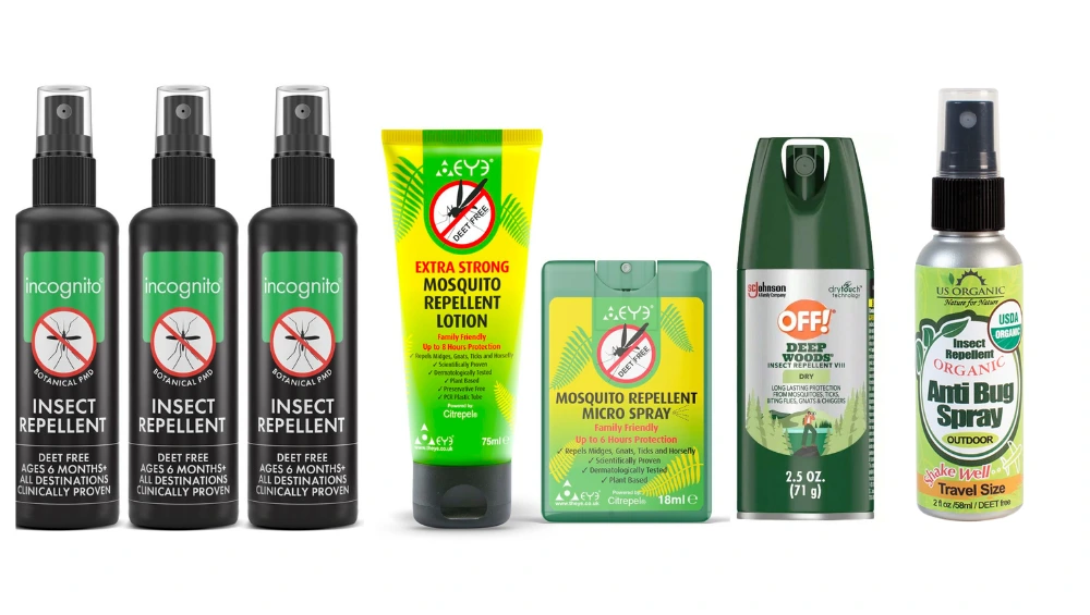 Compact travel size mosquito repellent spray bottle placed on a tropical background, ideal for carry-on bags or outdoor adventures.