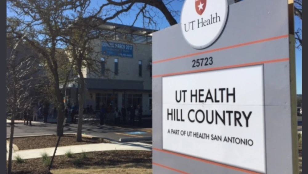 Front entrance of UT Health Hill Country clinic, a modern medical facility serving the Texas Hill Country community.