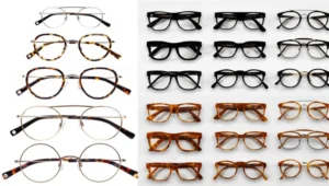 Interior view of the Warby Parker Fashion Valley store, showing display shelves with eyeglass frames, a co‑working table, and signature blue-tiled accents.


