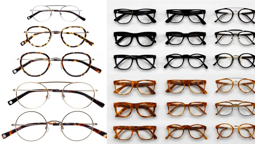 Interior view of the Warby Parker Fashion Valley store, showing display shelves with eyeglass frames, a co‑working table, and signature blue-tiled accents. 