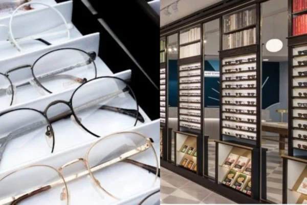 Interior view of the Warby Parker Fashion Valley store, showing display shelves with eyeglass frames, a co‑working table, and signature blue-tiled accents.