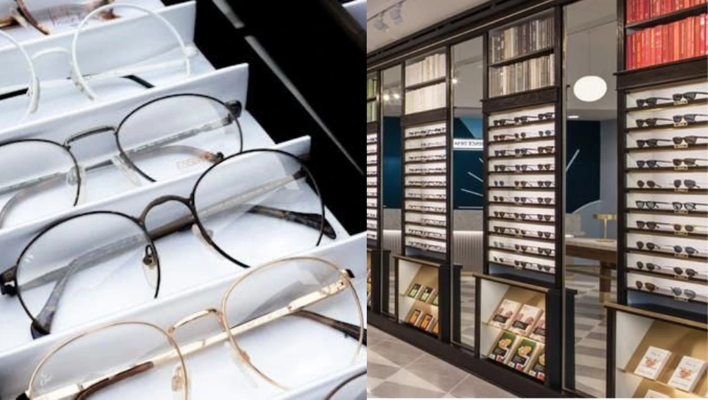 Interior view of the Warby Parker Fashion Valley store, showing display shelves with eyeglass frames, a co‑working table, and signature blue-tiled accents.