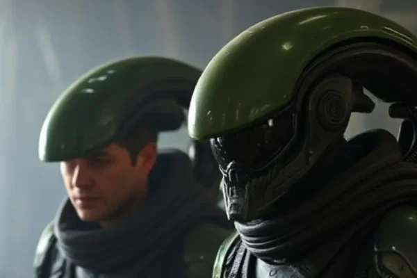 The aliens earth cast members Sydney Chandler and Timothy Olyphant in dramatic sci-fi costumes from FX's new series about xenomorphs on Earth.