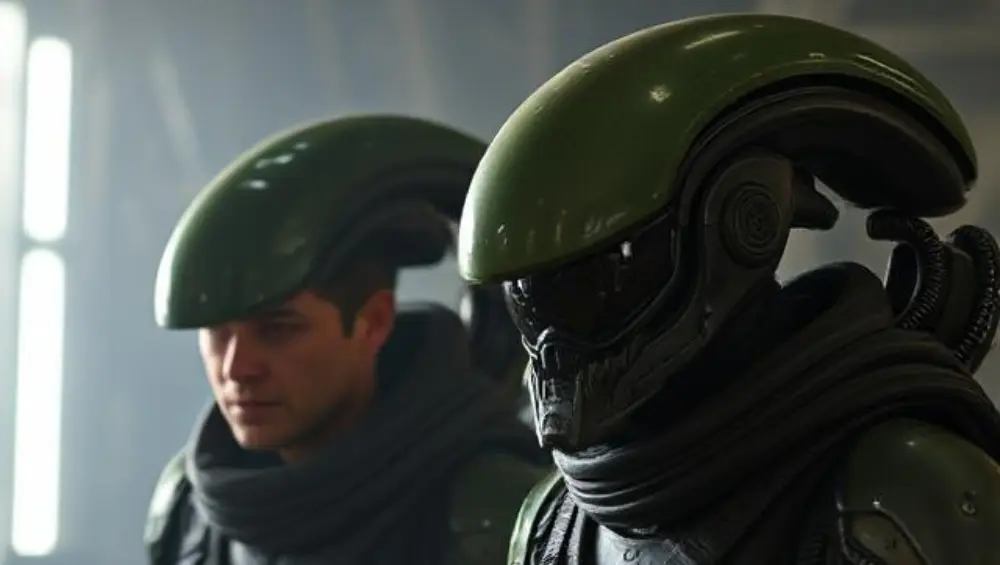 The aliens earth cast members Sydney Chandler and Timothy Olyphant in dramatic sci-fi costumes from FX's new series about xenomorphs on Earth.