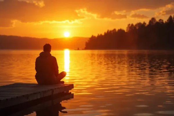 Person meditating peacefully in nature surrounded by mountains and sunlight, embodying eternity lifestyles principles of inner peace and spiritual connection