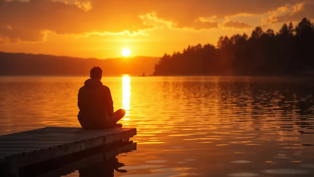 Person meditating peacefully in nature surrounded by mountains and sunlight, embodying eternity lifestyles principles of inner peace and spiritual connection