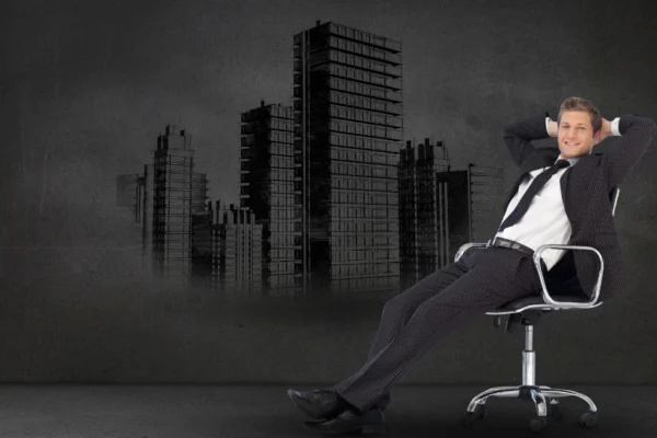 A man in business suit levitating above the urban landscape represents the perfect blend of corporate power and supernatural mystery