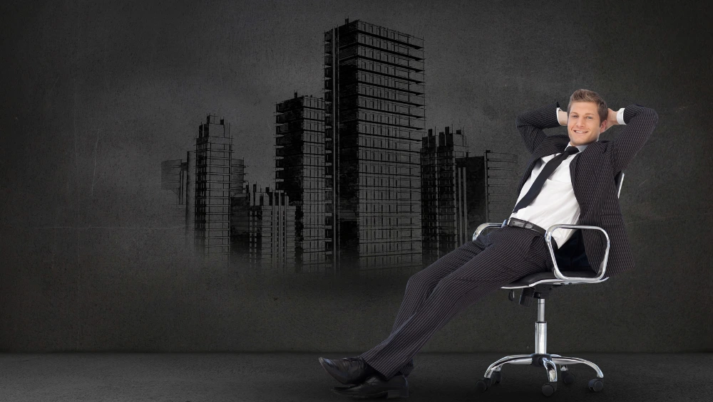 A man in business suit levitating above the urban landscape represents the perfect blend of corporate power and supernatural mystery