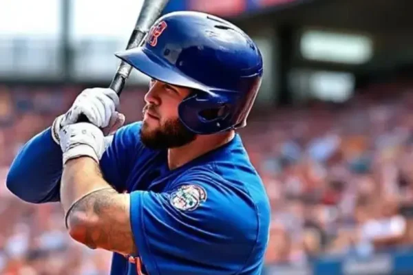 Pete Alonso mid-swing at Citi Field showing the powerful batting stance that makes him a contender for MLB's Best Power Hitter in 2025