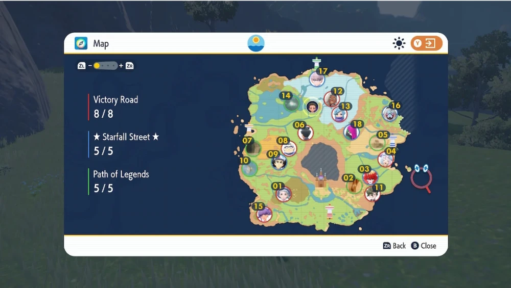 A bright, colorful map of Paldea's cities showing the recommended Pokémon Scarlet gym order with images of gym leaders Katy, Brassius, and Grusha.