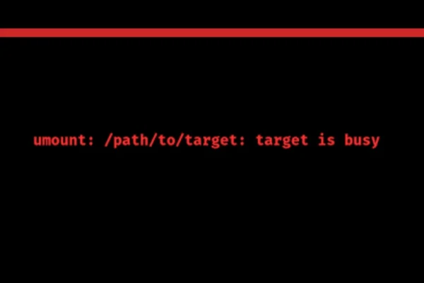 Screenshot of Linux terminal showing "umount target is busy" error message when attempting to unmount a drive