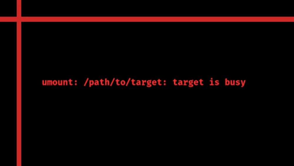 Screenshot of Linux terminal showing "umount target is busy" error message when attempting to unmount a drive