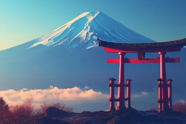 Traditional Japanese calligraphy showing the word jyokyo with cultural symbols including cherry blossoms and Mount Fuji in background